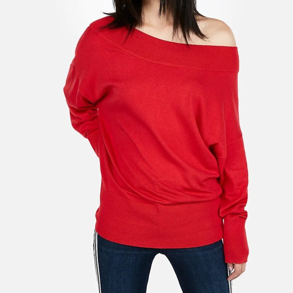 EXPRESS (M) Red Banded Bottom Wedge Tunic Sweater Off Shoulder Knit Loose Baggy